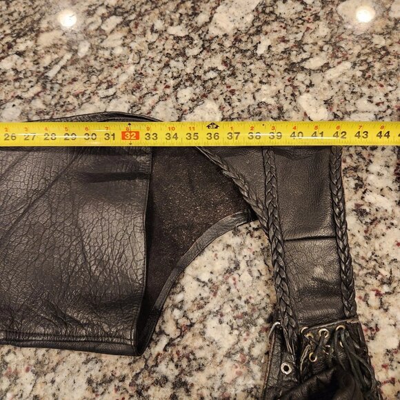 Unik Motorcycle Biker Chaps Black Leather Zipper&Snaps Size L Pinhole Pictured - Picture 7 of 8